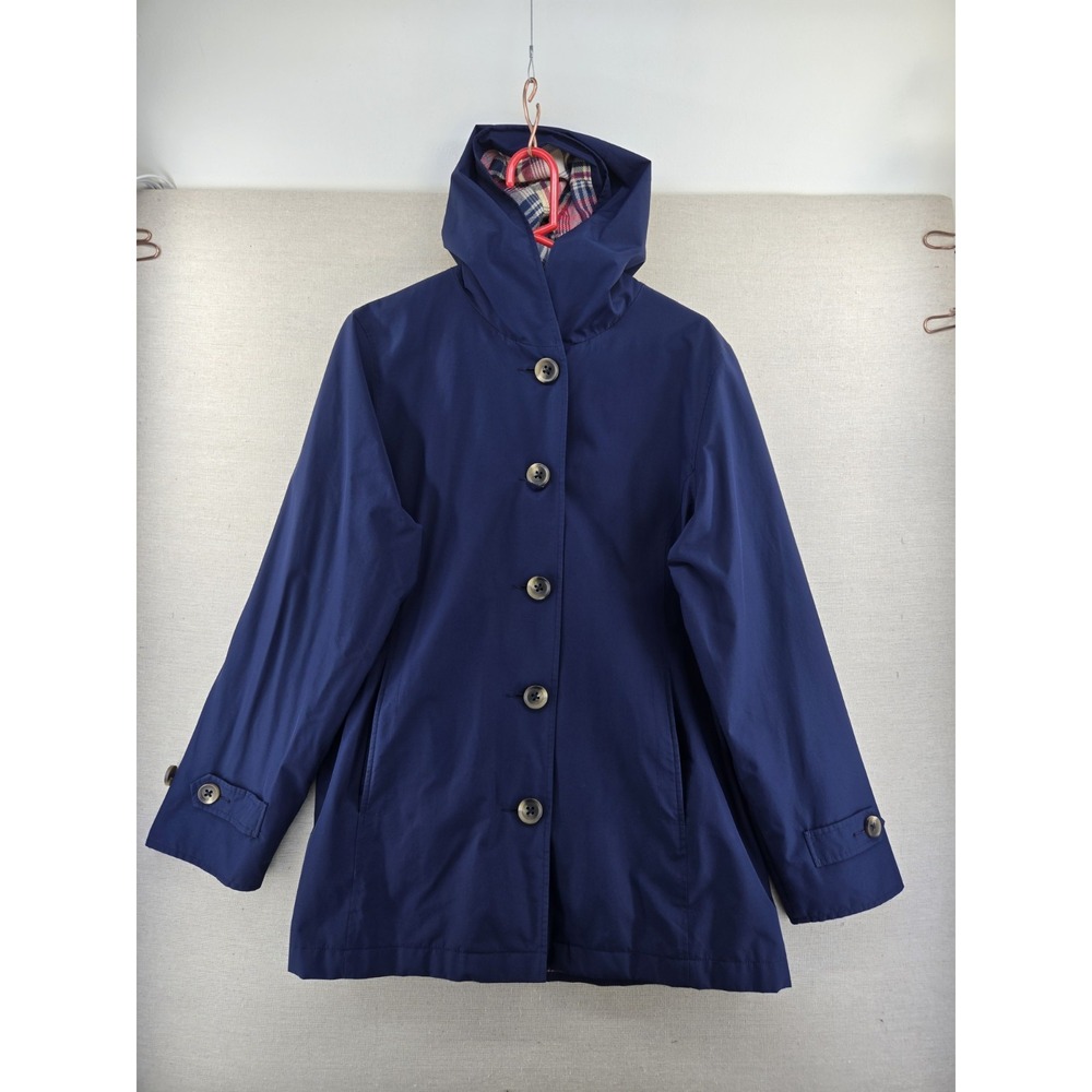 L.L.Bean Womens Large Macintosh Coat Navy Plaid Flannel Lined Hooded Jacket